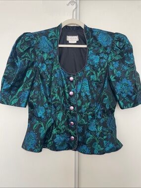 Vintage 80s Teal Floral Brocade Puff Sleeve Button Top